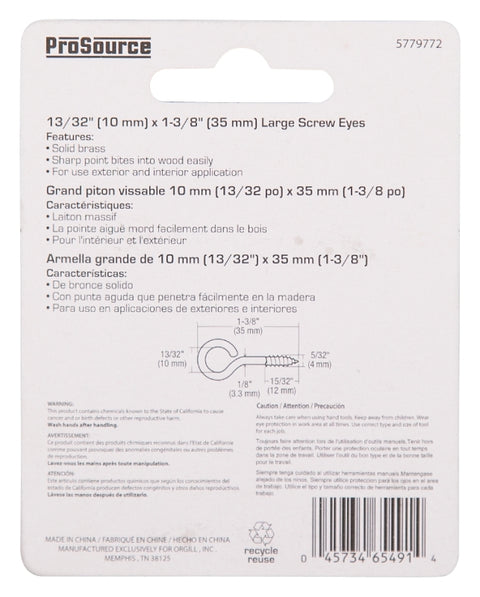 ProSource LR-242-PS Screw Eye, 4 mm Dia Wire, 4 mm Thread, 15/32 in L Thread, 1-3/8 in OAL, Brass, Brass Plated
