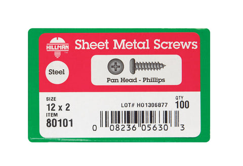 Hillman Pan Head Phillips Drive Sheet Metal Screws Steel 12 x 2 in. L 100 per box