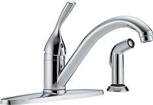 Delta 400-DST Kitchen Faucet with Side Sprayer, 1.8 gpm, 1-Faucet Handle, Brass, Chrome Plated, Deck, Lever Handle