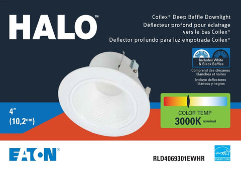 Halo RL4 Series RLD4069301EWHR Baffle Trim, 4 in Dia Recessed Can, Aluminum Body, White, Matte