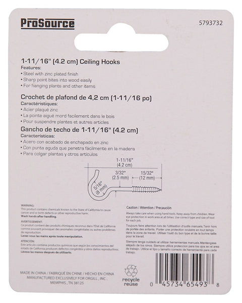ProSource LR-307-PS Ceiling Hook, 10 lb Working Load, Steel, Silver, Zinc