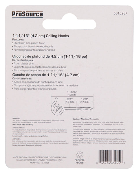 ProSource LR-316-PS Ceiling Hook, 10 lb Working Load, Steel, Silver, Zinc