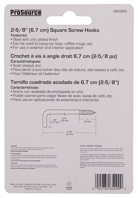 ProSource LR-396-PS Screw Hook, 5/8 in Opening, 5.3 mm Thread, 2-5/8 in L, Steel, Zinc