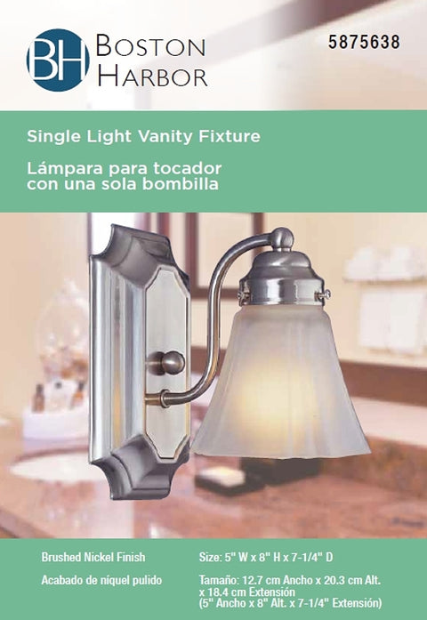 Boston Harbor RF-V-041-BN-3L Vanity Light Fixture, 60 W, 1-Lamp, A19 or CFL Lamp, Steel Fixture, Brushed Nickel Fixture