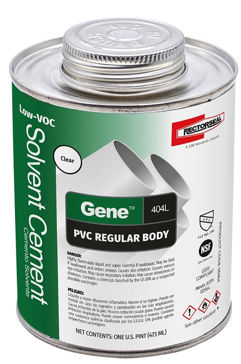 Rectorseal Gene 404L 55904 Regular Body Solvent Cement, 1 pt, Can, Liquid, Clear, Pack of 12