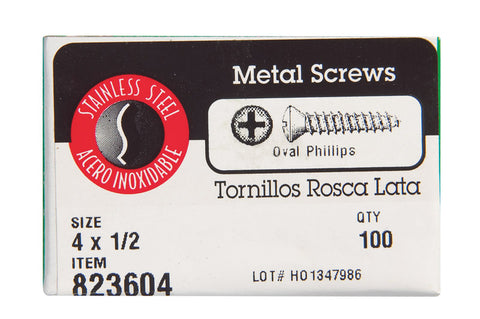 Hillman Oval Head Phillips Drive Sheet Metal Screws Stainless Steel 4 x 1/2 in. L 100 per box