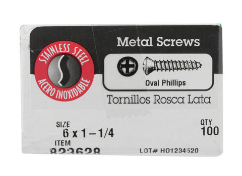 Hillman Oval Head Phillips Drive Sheet Metal Screws Stainless Steel 6 x 1-1/4 in. L 100 per b