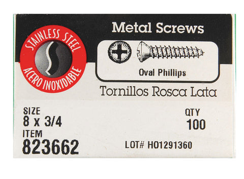 Hillman Oval Head Phillips Drive Sheet Metal Screws Stainless Steel 8 x 3/4 in. L 100 per box