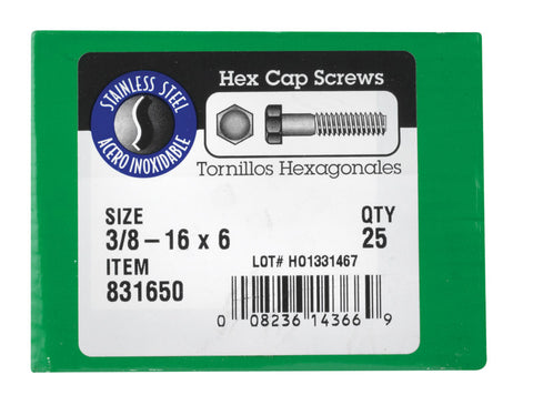 Hillman Hillman Stainless Steel Coarse Hex Head Cap Screw 3/8-16 in. Dia. x 6 in. L 25 box