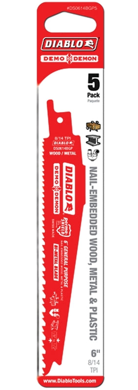 Diablo DS0614BGP5 Reciprocating Saw Blade, 6 in L, 8/14 TPI