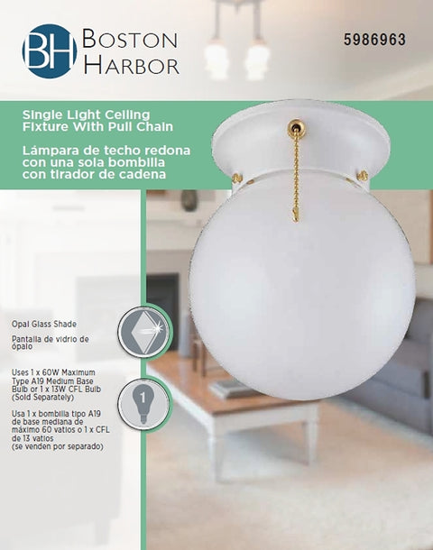 Boston Harbor F3WH01-33753L Ceiling Light Fixture, 0.5 A, 120 V, 60 W, 1-Lamp, A19 or CFL Lamp, Metal Fixture