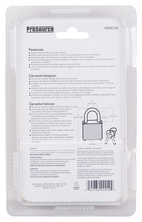 ProSource HD00010 Padlock, Standard Shackle, 3/16 in Dia Shackle, Steel Shackle, Steel Body, Laminated/Nickel