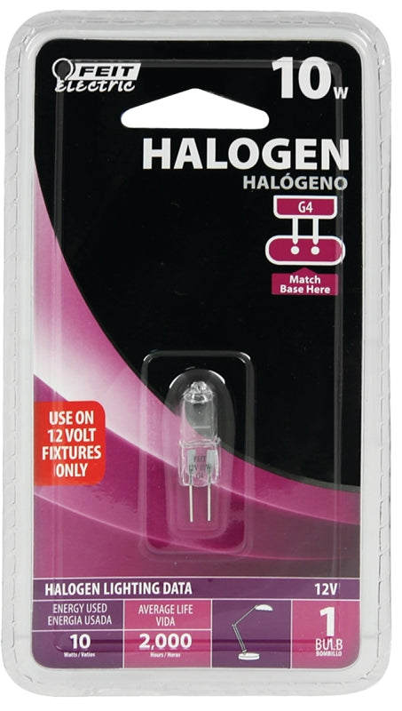 Feit Electric BPQ10T3 Halogen Bulb, 10 W, G4 Lamp Base, JC T3 Lamp, 3000 K Color Temp, 2000 hr Average Life, Pack of 12