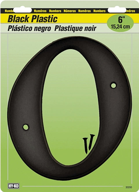 Hy-Ko 30200 Series 30210 House Number, Character: 0, 6 in H Character, Black Character, Plastic, Pack of 5