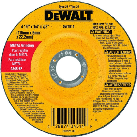 DEWALT DW4514 Grinding Wheel, 4-1/2 in Dia, 1/4 in Thick, 7/8 in Arbor, 24 Grit, Very Coarse, Aluminum Oxide Abrasive