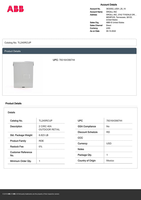 GE PowerMark Gold TLM Series TL240RCUP Load Center, 40 A, 2-Space, 4-Circuit, Main Lug, NEMA 3R Enclosure, Surface