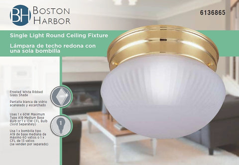 Boston Harbor F13BB01-68623L Single Light Round Ceiling Fixture, 120 V, 60 W, 1-Lamp, A19 or CFL Lamp