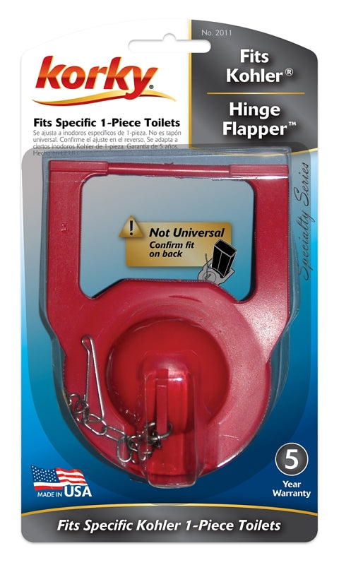 Korky 2011BP Hinge Toilet Flapper, Specifications: 2 in Valve Open, Chlorazone Rubber, Red