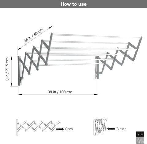 Wall Mount Clothes Drying Rack, Aluminum 8 Rods Expandable Wall Drying Rack for Laundry, Bathroom, Balcony, Indoor-Outdoor Use, 39 in Wide
