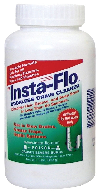 Insta-Flo IS-100 Drain Cleaner, Solid, White, Odorless, 1 lb Bottle, Pack of 12