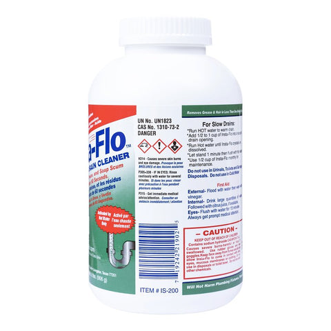 Insta-Flo IS-200 Drain Cleaner, Solid, White, Odorless, 2 lb Bottle, Pack of 6