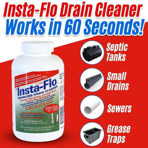 Insta-Flo IS-200 Drain Cleaner, Solid, White, Odorless, 2 lb Bottle, Pack of 6