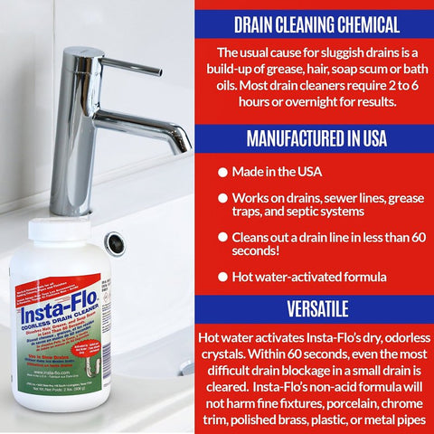 Insta-Flo IS-200 Drain Cleaner, Solid, White, Odorless, 2 lb Bottle, Pack of 6