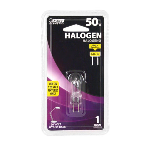Feit Electric BPQ50T4/JCD Halogen Bulb, 50 W, GY6.35 Lamp Base, T4 Lamp, Bright White, 950 Lumens, 3000 K Color Temp