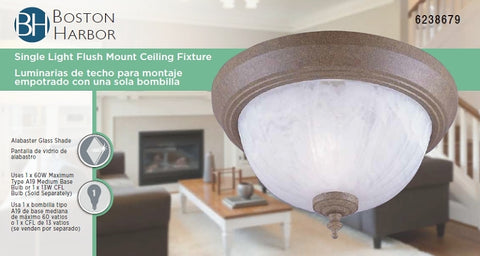 Boston Harbor F202CS01-8031MB3L Single Light Flush Mount Ceiling Fixture, 120 V, 60 W, 1-Lamp, A19 or CFL Lamp