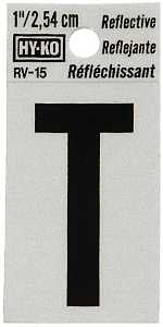 Hy-Ko RV-15/T Reflective Letter, Character: T, 1 in H Character, Black Character, Silver Background, Vinyl, Pack of 10
