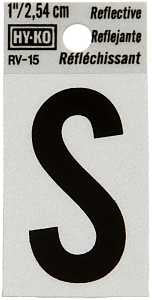Hy-Ko RV-15/S Reflective Letter, Character: S, 1 in H Character, Black Character, Silver Background, Vinyl, Pack of 10