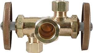 BrassCraft CR1901DVXR Stop Valve, 1/2 x 3/8 x 3/8 in Connection, Compression, 125 psi Pressure, Brass Body