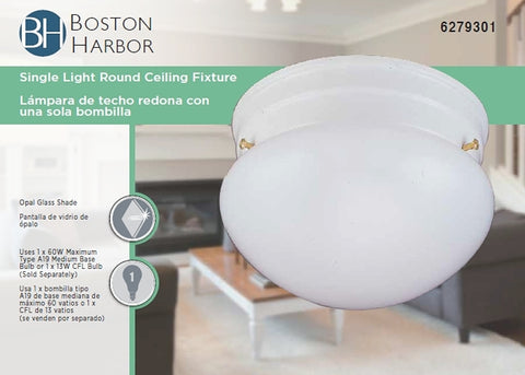 Boston Harbor F13WH01-68543L Single Light Round Ceiling Fixture, 120 V, 60 W, 1-Lamp, A19 or CFL Lamp, White Fixture