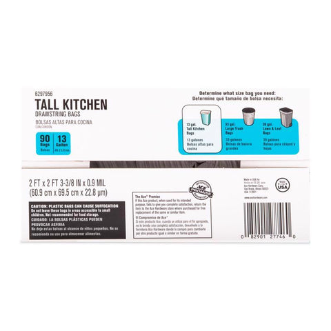 Ace 13 gal No Scent Tall Kitchen Bags Drawstring 90 pk, Pack of 6