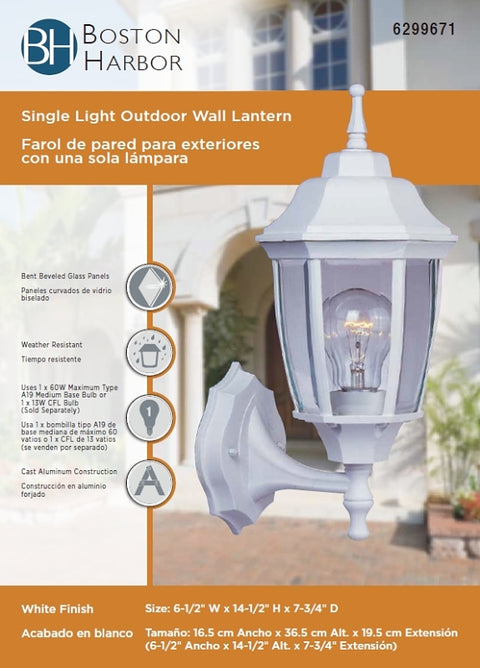 Boston Harbor BRT-BPP1611-WH3L Outdoor Wall Lantern, 120 V, 60 W, A19 or CFL Lamp, Aluminum Fixture, White