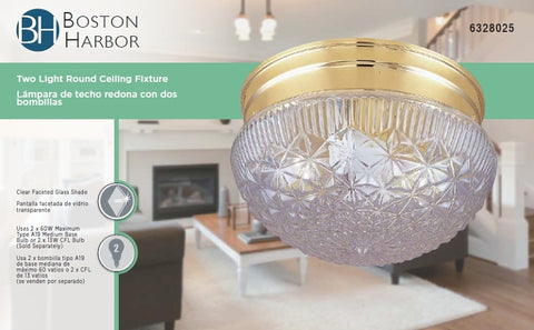 Boston Harbor F14BB01-80033L Two Light Round Ceiling Fixture, 120 V, 60 W, 2-Lamp, A19 or CFL Lamp