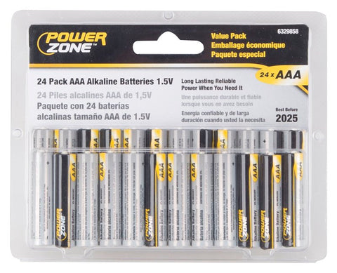 PowerZone LR03-24P Battery, 1.5 V Battery, AAA Battery, Zinc, Manganese Dioxide, and Potassium Hydroxide