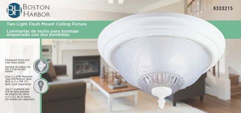 Boston Harbor F155WW02-1068EC3L Two Light Flush Mount Ceiling Fixture, 120 V, 60 W, 2-Lamp, A19 or CFL Lamp