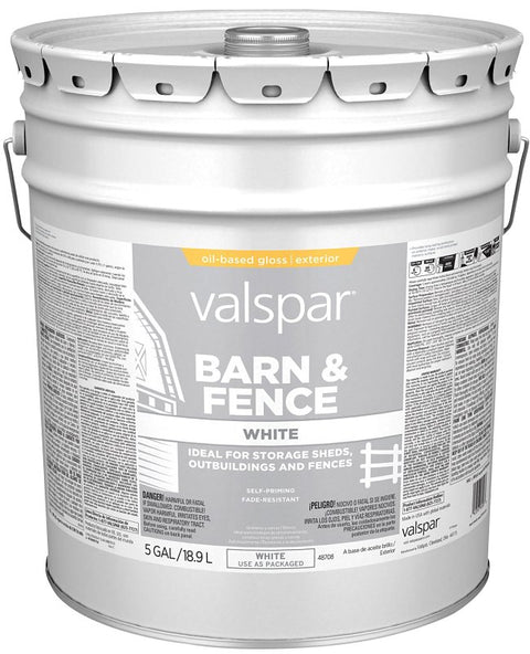 Valspar 018.3145-75.008 Barn and Fence Paint, Gloss Sheen, White, 5 gal, Can, 400 sq-ft/gal Coverage Area