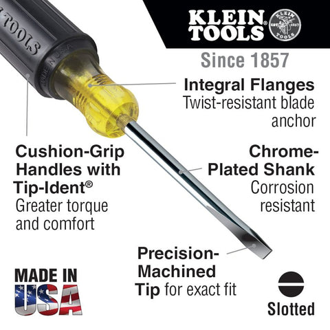 Klein Tools 601-3 Screwdriver, 3/16 in Drive, Cabinet Drive, 6-3/4 in OAL, 3 in L Shank, Rubber Handle