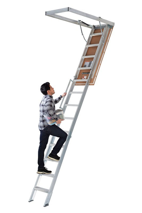 Louisville Everest Series AL258P Attic Ladder, 10 to 12 ft H Ceiling, 25-1/2 x 63 in Ceiling Opening, 13-Step, 350 lb