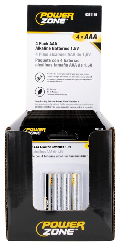 PowerZone LR03-4P-DB Battery, 1.5 V Battery, AAA Battery, Zinc, Manganese Dioxide, Potassium Hydroxide, Pack of 22