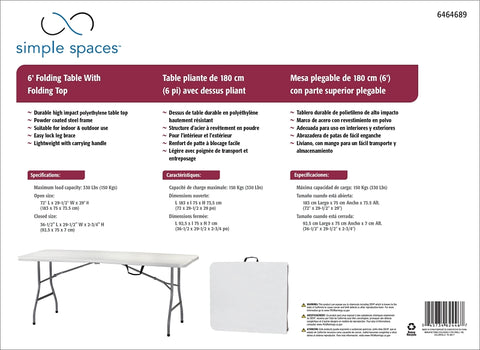 Simple Spaces TBL-072 Fold-in-Half Table, 6 ft OAW, 29-1/2 in OAD, 29 ft OAH, Steel Frame, Polypropylene Tabletop