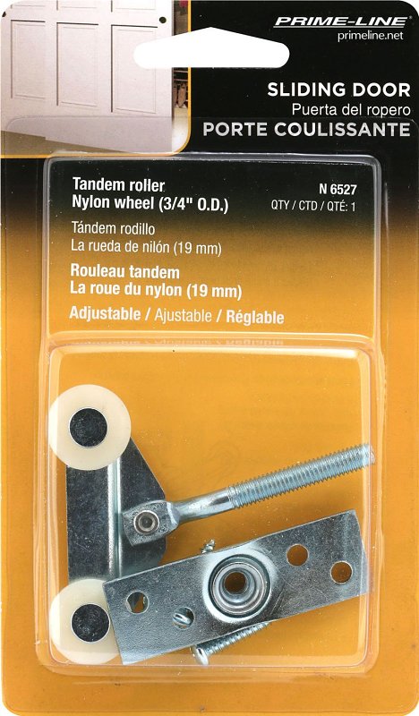 Prime-Line N 6527 Roller Assembly, 3/4 in Dia Roller, 1/4 in W Roller, Nylon/Steel, Silver, 2-Roller, 65 lb