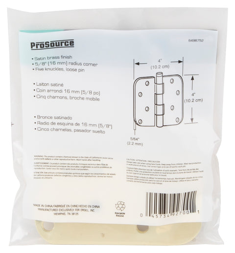 ProSource 20348US4 Door Hinge, Steel, Satin Brass, Loose Pin, 180 deg Range of Motion, Screw Mounting