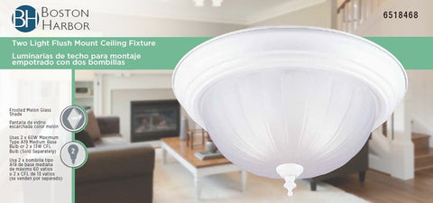 Boston Harbor F51WH02-1005-3L Two Light Flush Mount Ceiling Fixture, 120 V, 60 W, 2-Lamp, A19 or CFL Lamp