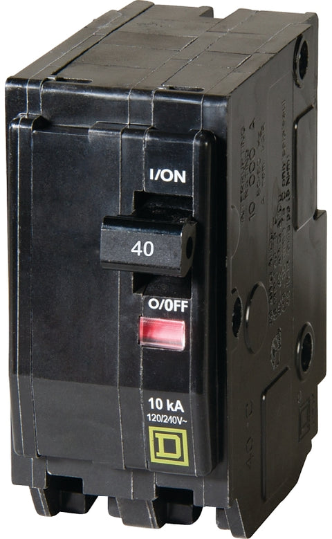 Square D QO QO240C Circuit Breaker, Mini, 40 A, 2 -Pole, 120/240 VAC, 48 VDC, Plug Mounting, Black