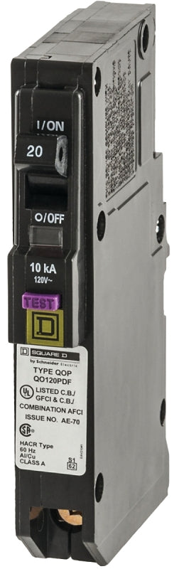 Square D QO120PDFC Circuit Breaker, CAFCI, Mini, 20 A, 1 -Pole, 120 V, Plug Mounting