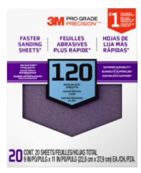 Scotch 26120CP-P-G Sandpaper Sheet, 11 in L, 9 in W, Medium, 120 Grit, Aluminum Oxide Abrasive, Paper Backing