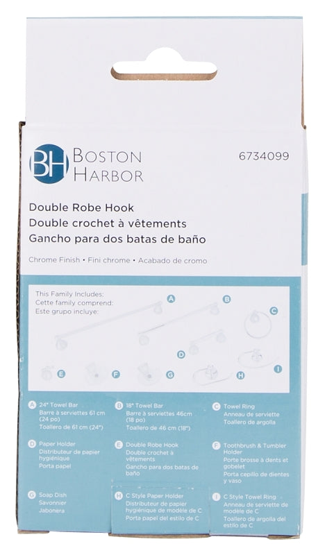 Boston Harbor L5053-26-10 Double Robe Hook, 2-Hook, Zinc, Chrome, Wall Mounting